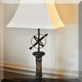 D22. Frederick Cooper marble pedestal lamp topped with armillary sundial. 28”h  
